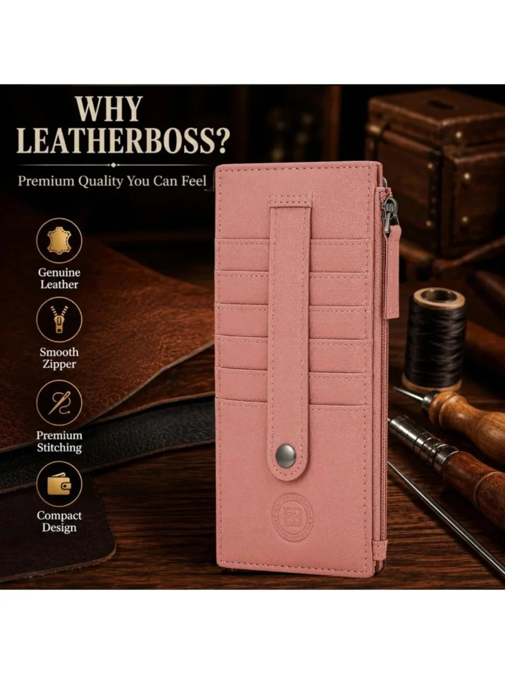 Slim Leather Card Case Holder Wallet with Protection Strap - Peach Color